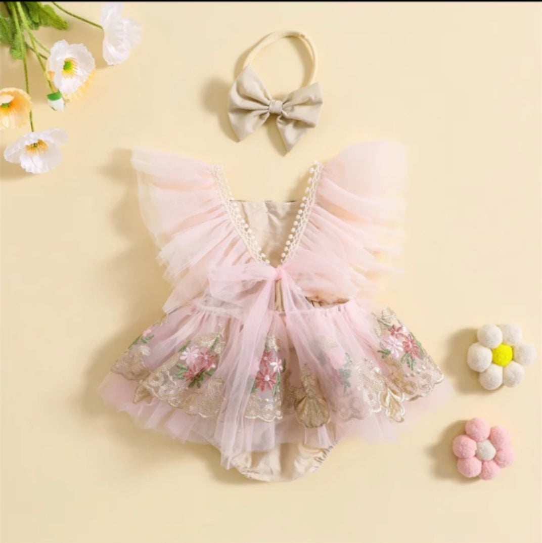 Baby Girls Vintage Lace Beige & Blush Floral Rose Birthday Romper