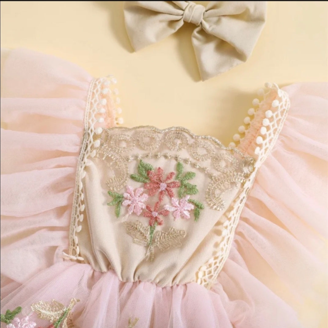 Baby Girls Vintage Lace Beige & Blush Floral Rose Birthday Romper