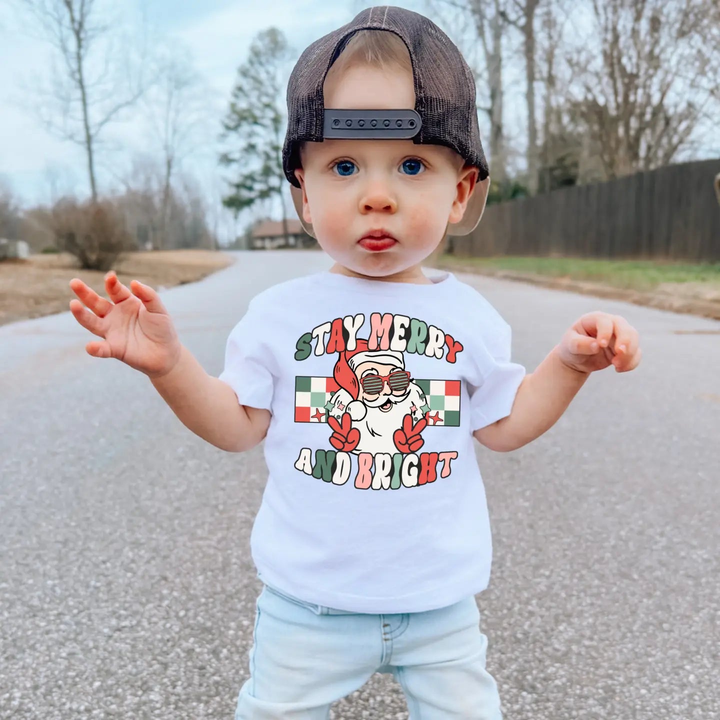 Stay Merry Checked Santa Toddler Christmas T-Shirt