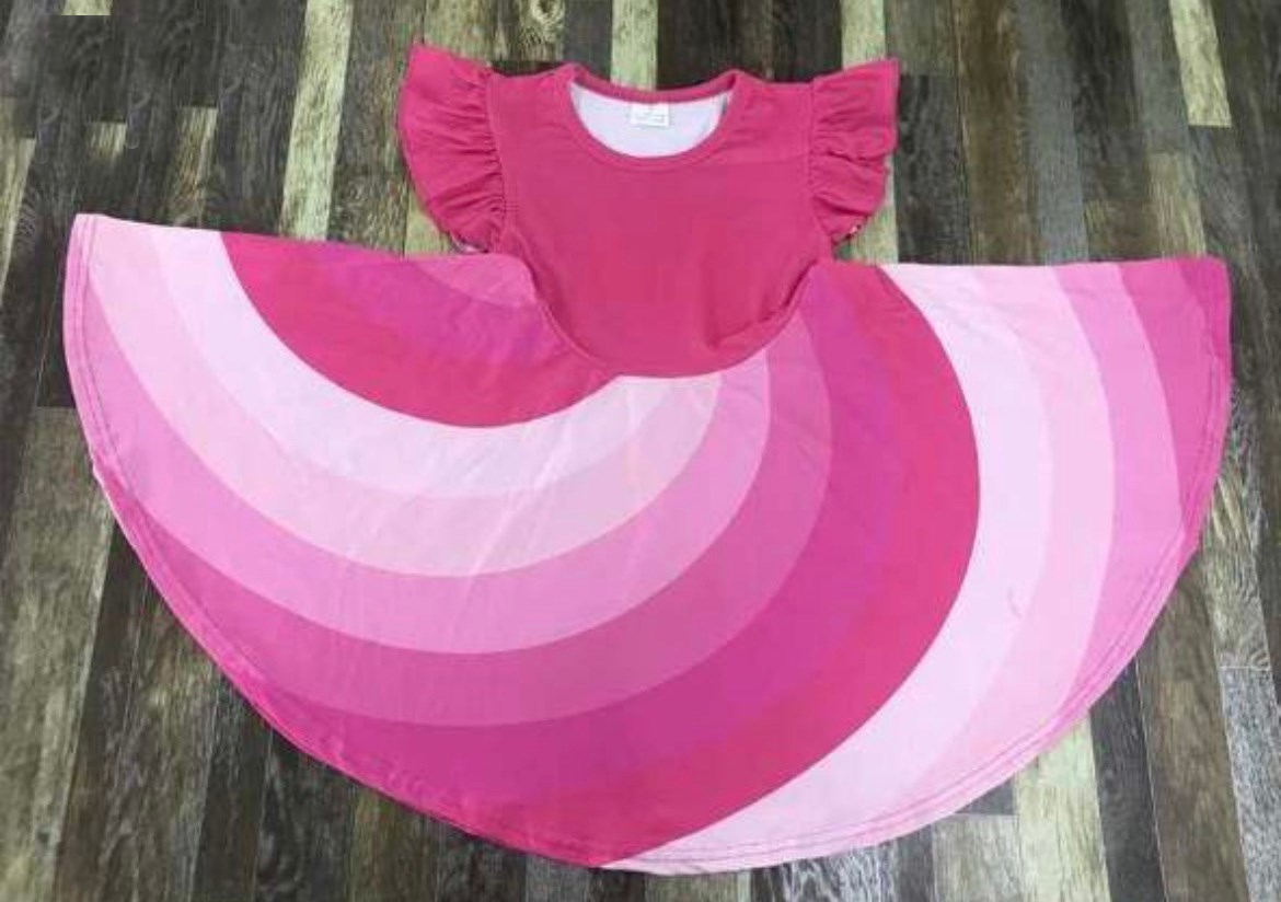 Girls Fun Playful Rainbow Spin Dresses - Hot Pink