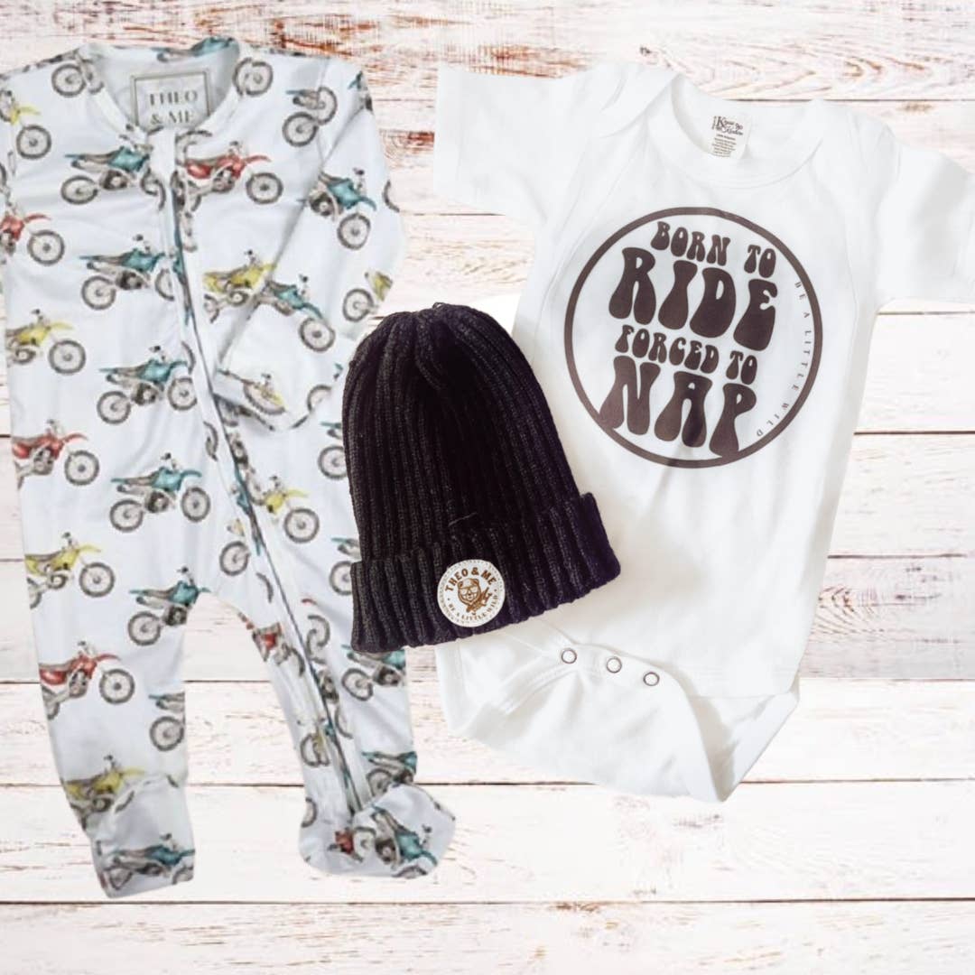 Baby White Onesie With Graphics Dirt Biking Skate Boarding - Born to Ride, Forced to Nap