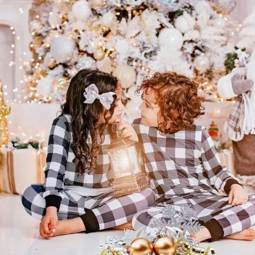 Kids 2 Pc Christmas Pajamas - Black & White Check