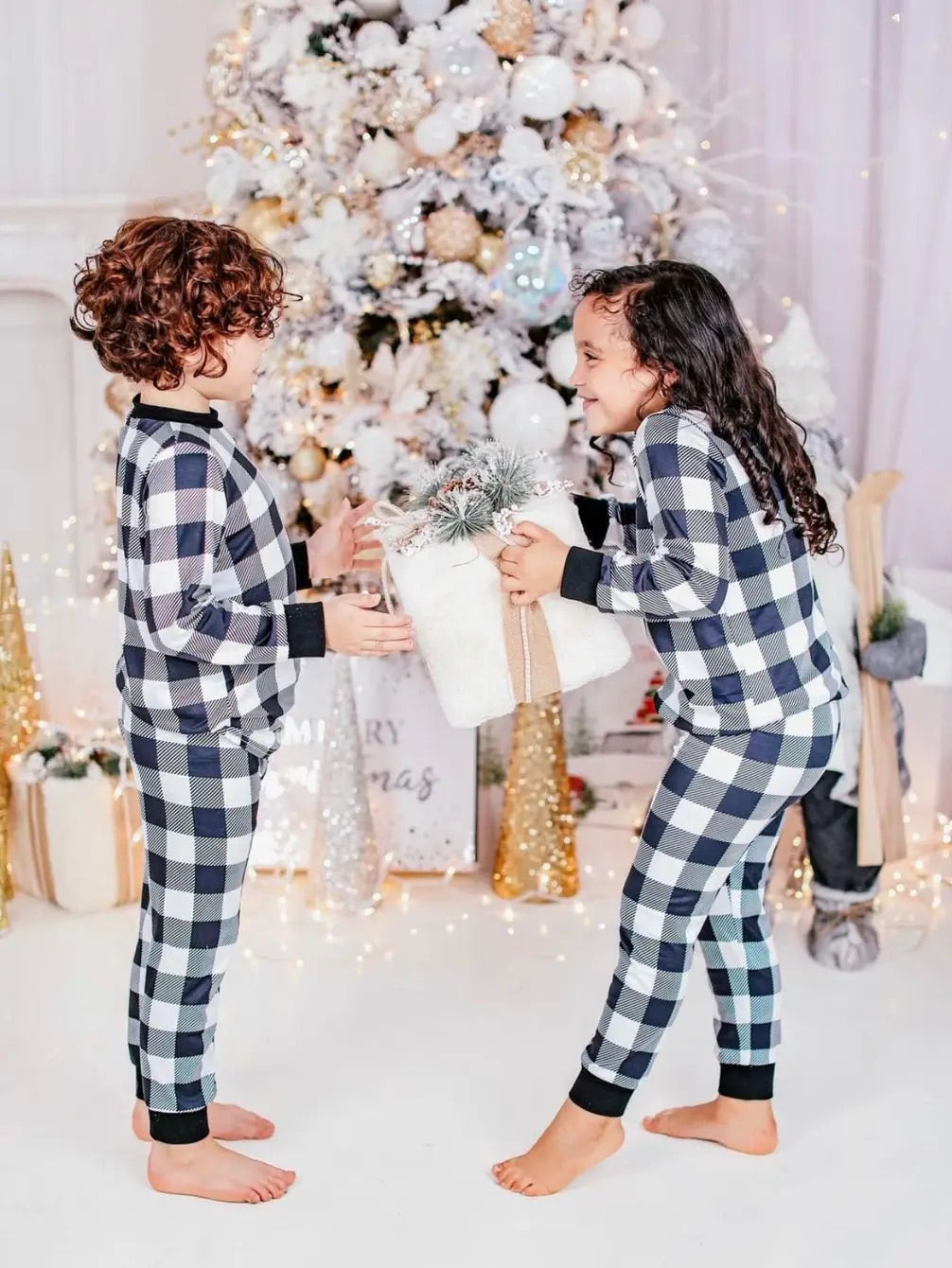 Kids 2 Pc Christmas Pajamas - Black & White Check