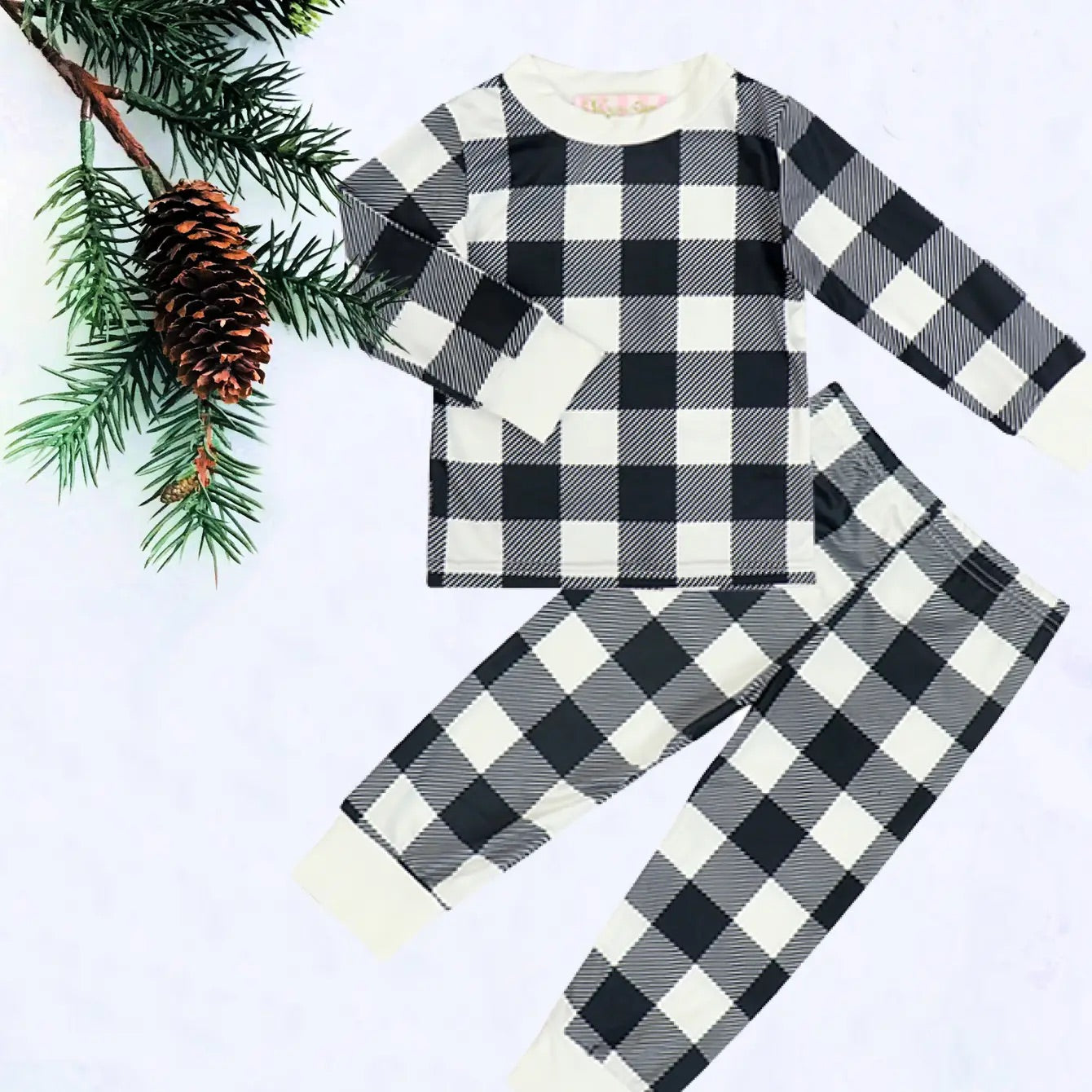 Kids 2 Pc Christmas Pajamas - Black & White Check