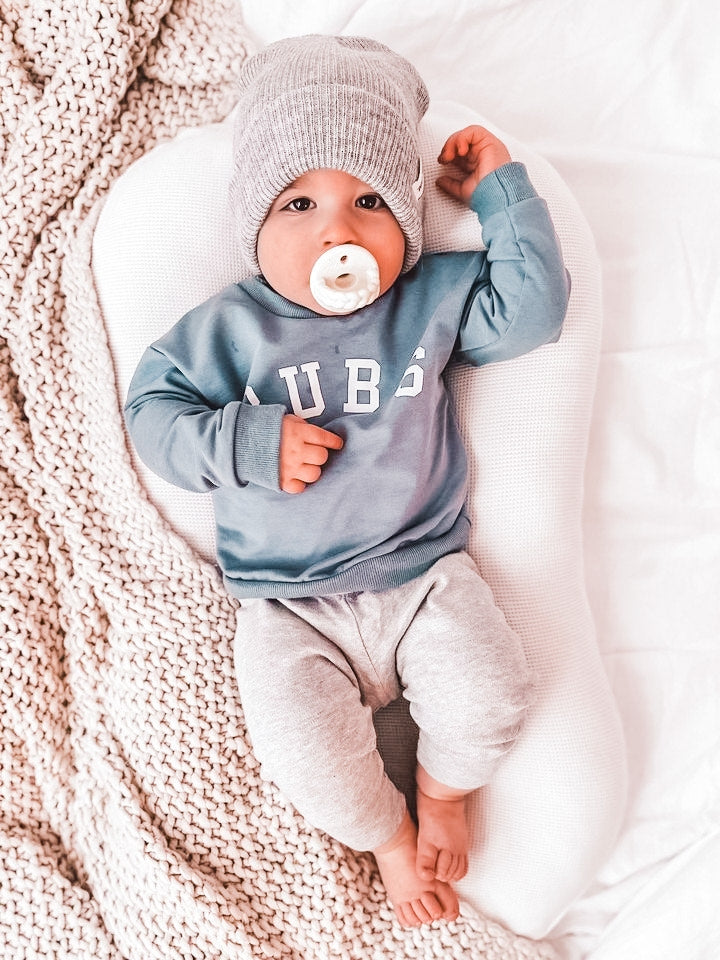 Boys Cozy Country Blue Bubs Sweater with Grey Sweat Pants