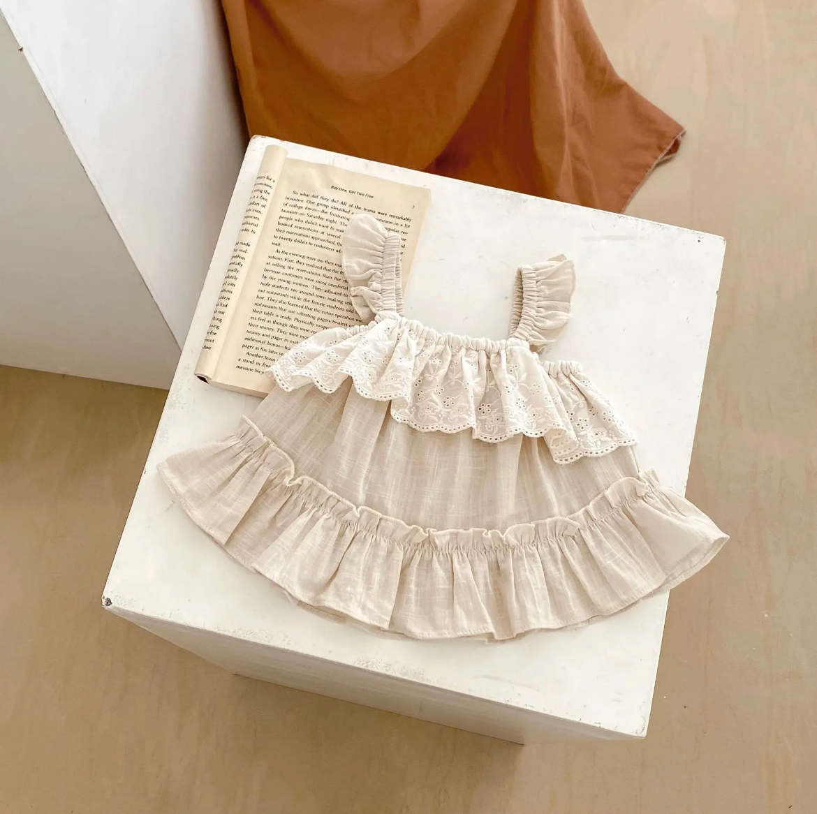 Baby Girls Natural Tan Linen Ruffle 2 Piece Outfit - only showing the top here