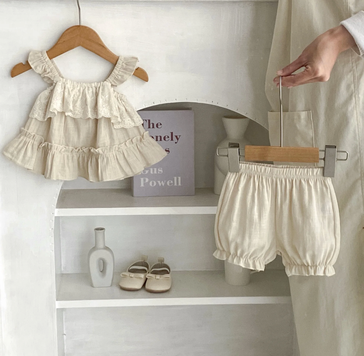 Baby Girls Natural Tan Linen Ruffle 2 Piece Outfit
