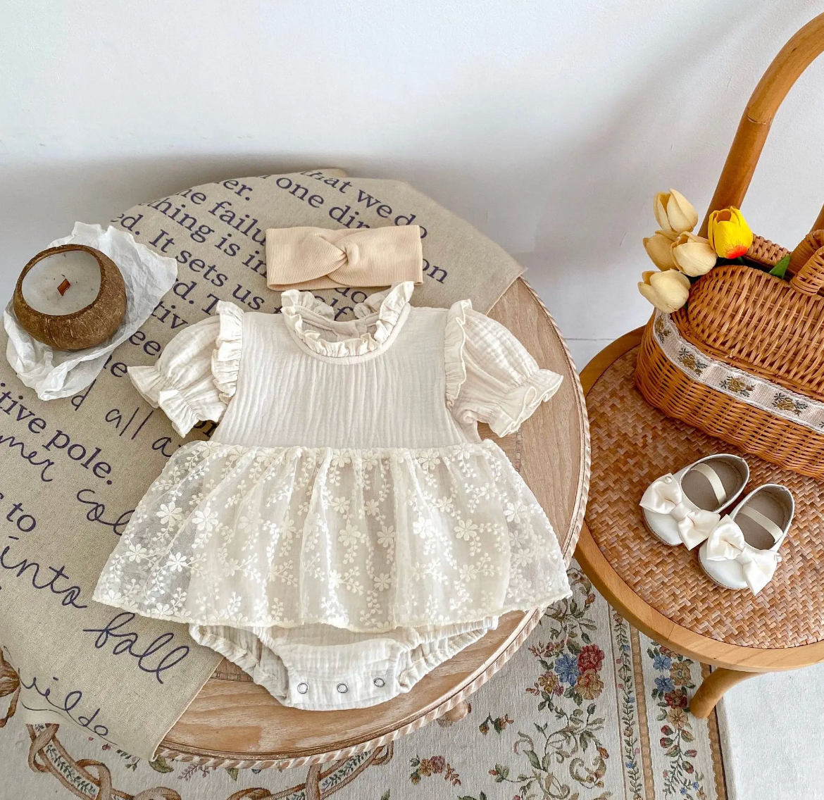 COMING SOON: Baby Girls Ivory Linen Cap Sleeve with Floral Lace Skirted Romper