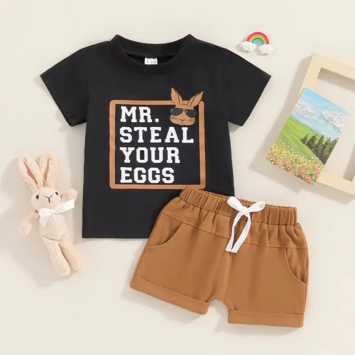 Boys 2 Piece Shorts Sets - Mr Steal Your Eggs - burnt orange shorts