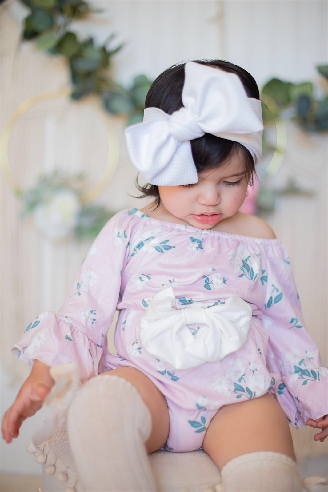 Baby Girls Off-Shoulder Pink Floral Belle Sleeves with White Bow Romper