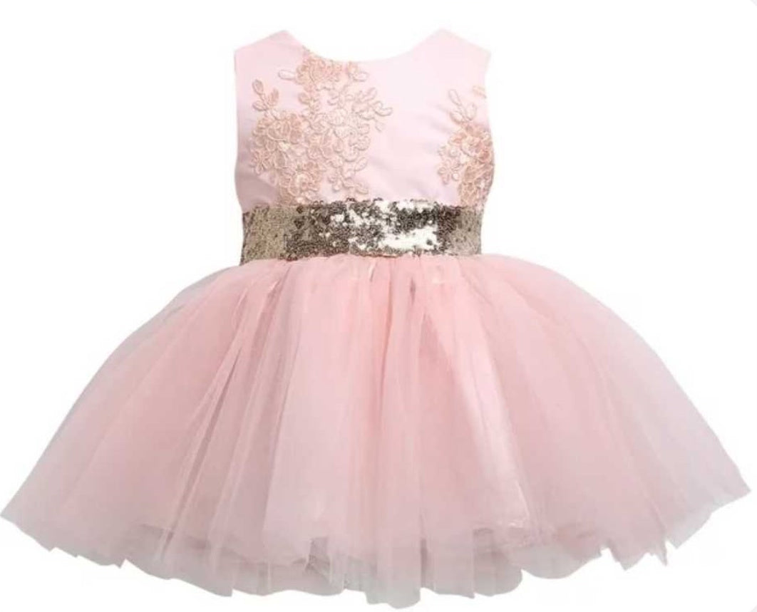 Baby Girls Pink Lace Bodice with Tutu Skirt Dress and a Gold Sequin Belt & Bow