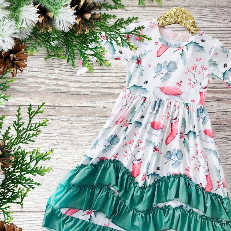Girls Long Ruffle Holiday/Christmas Dresses - Red Hats & Stockings