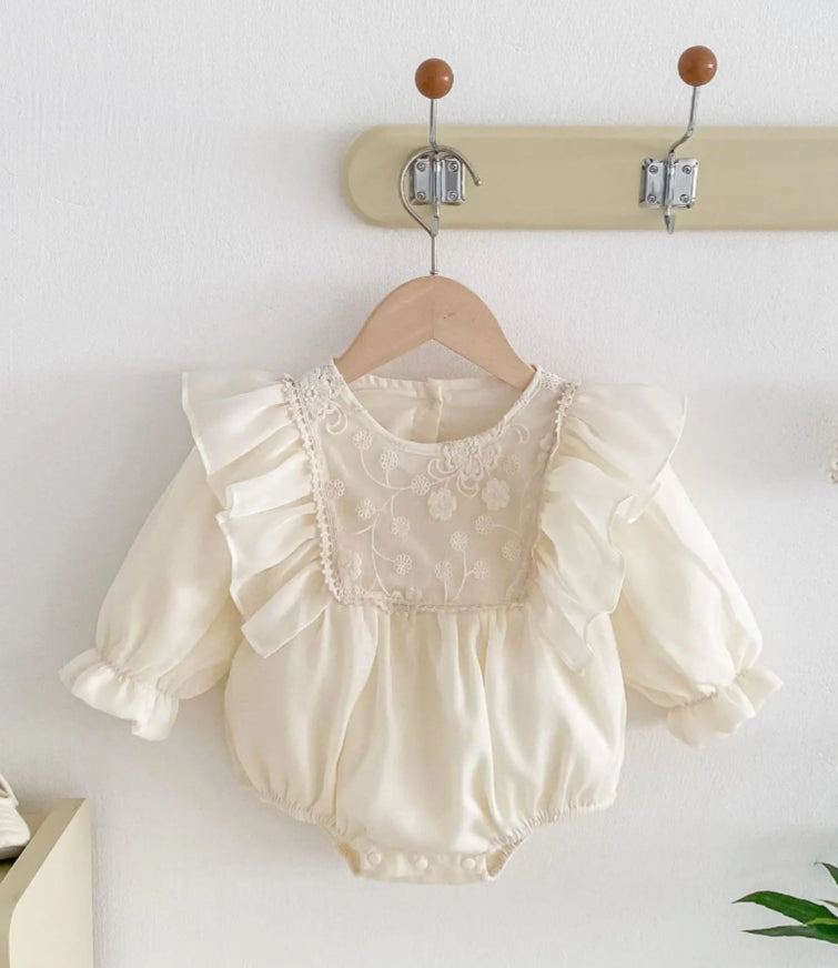 Baby Girls Romper Ivory Ruffle with Lace Embroidered Bodice