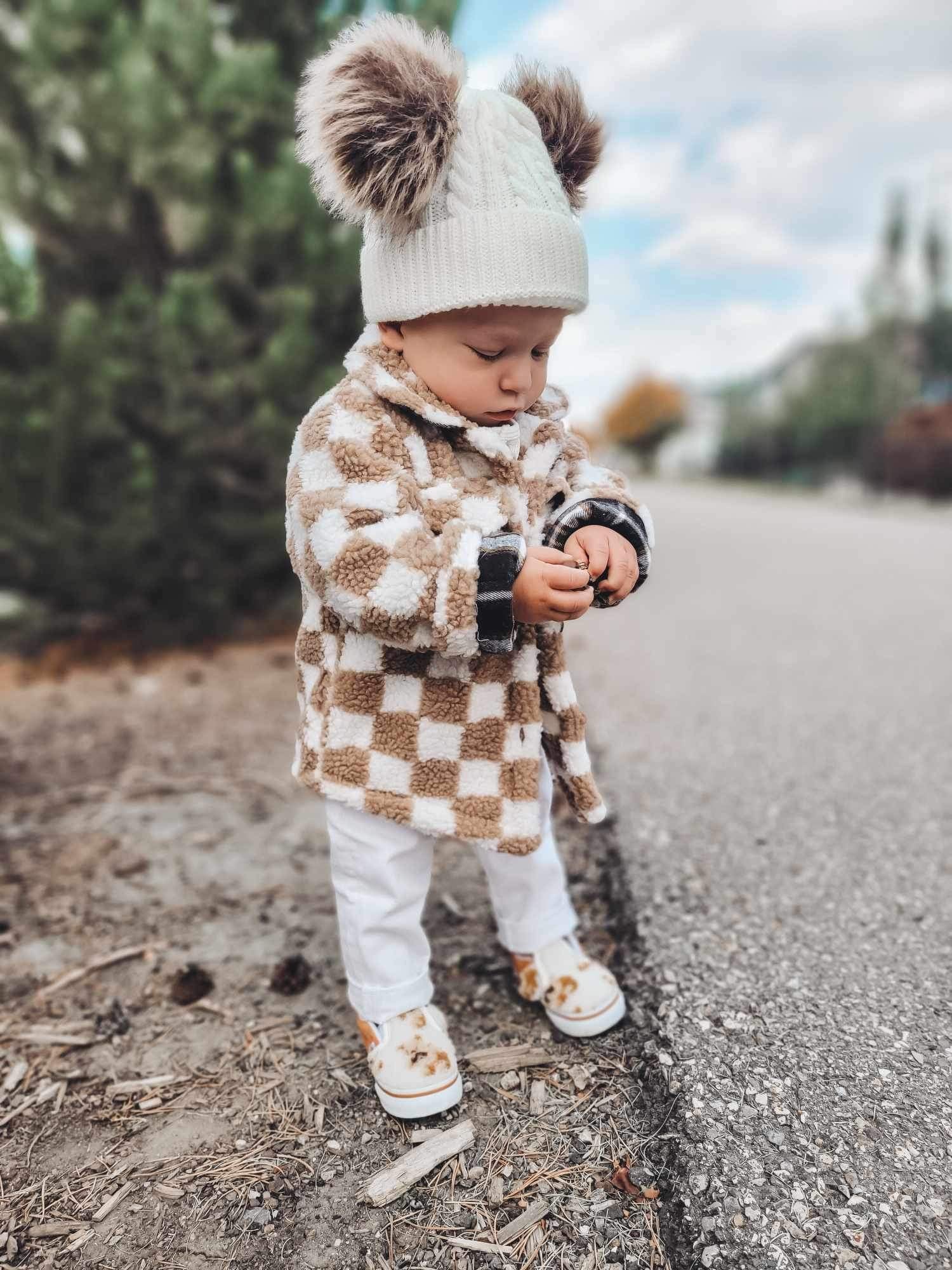 Kids Teddy Plush Beige Check Shacket