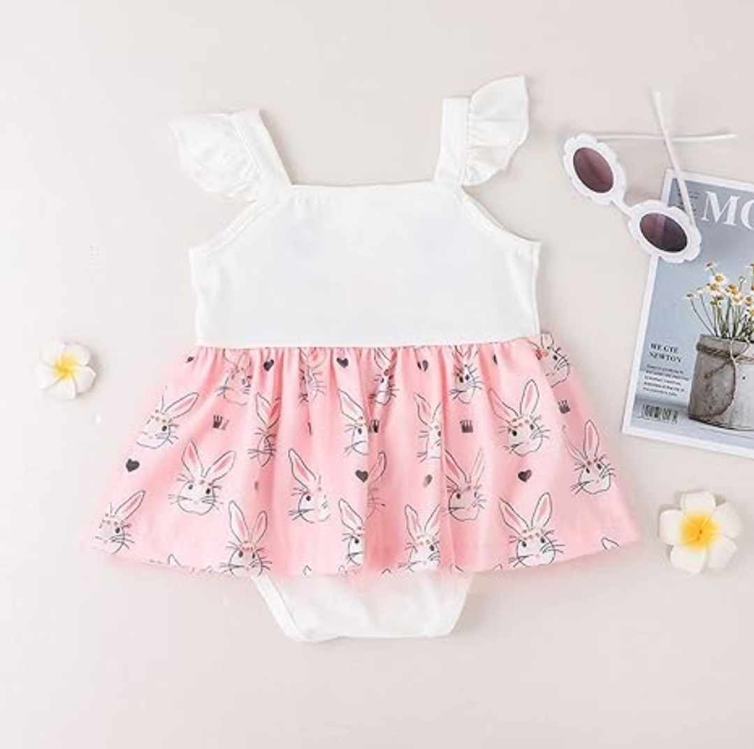 Baby Easter White Bunny with Pink Rabbit Skirted Romper - back