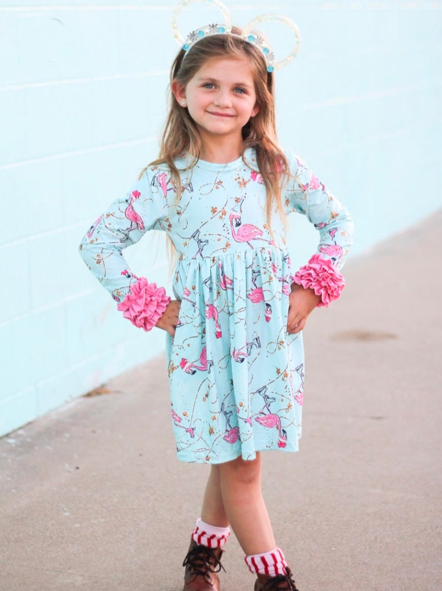 Skating Flamingos Long Ruffles Sleeve Tunic/Dress