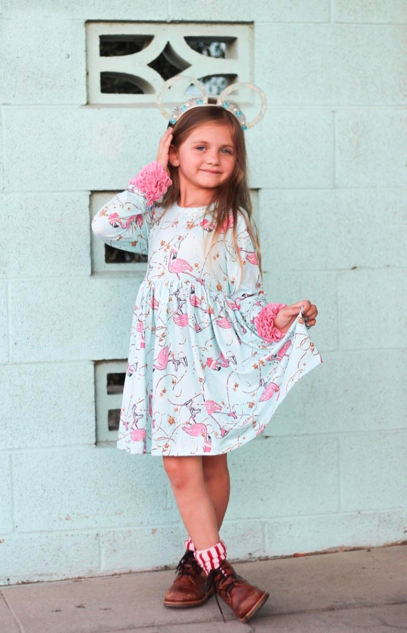 Skating Flamingos Long Ruffles Sleeve Tunic/Dress