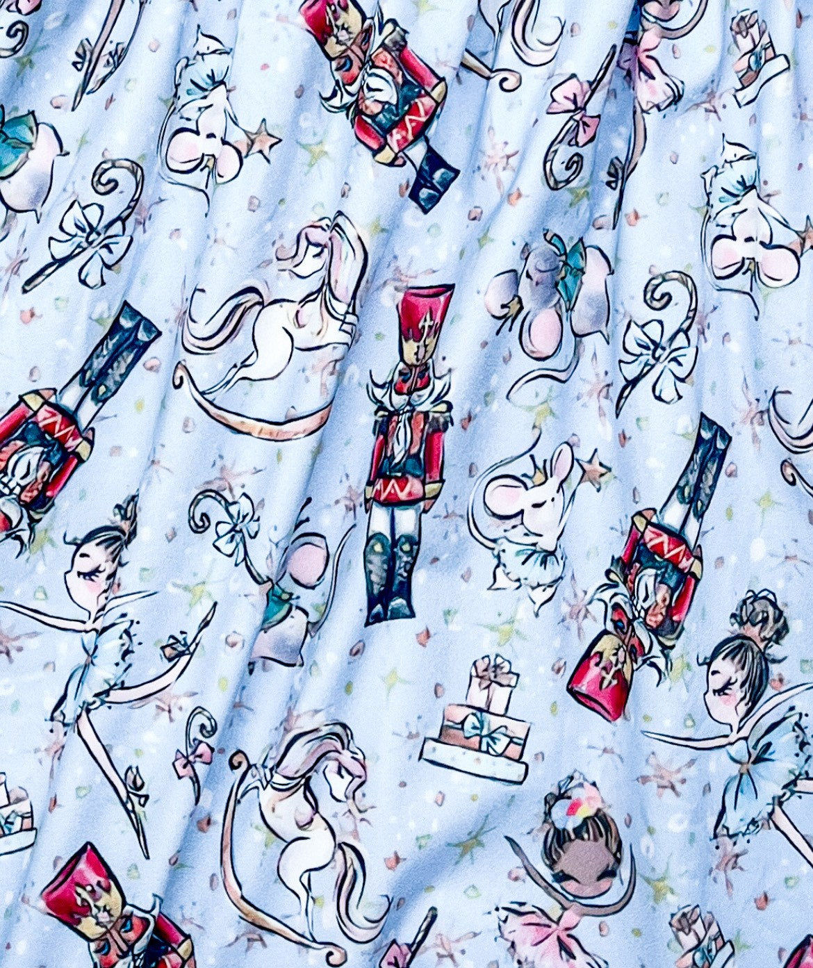 Girls Vintage Christmas Long Sleeved Night Gown - Light Blue Nutcracker Ballet. Close up on the design. Has dancing mice, ballerina's, nutcrackers, and stacks of presents.