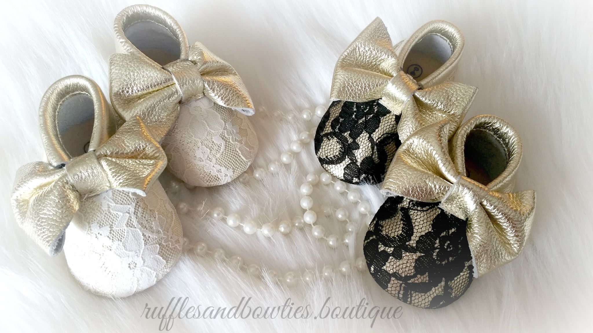 Baby Girl Lace leather Moccaisns - Gold with Black Lace Big Bow Leather Baby Moccasins - Baby Girl Moccasins - Bow Moccasins - Gold Bow Moccasins - Soft Shoes - Lace Moccasins - Ruffles & Bowties Bowtique - 4