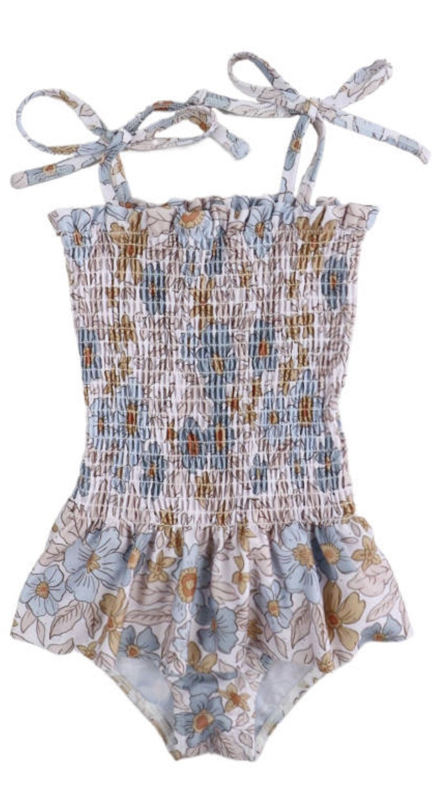 Girls Swimsuits - Blue & Tan Floral - 1 Pc Accordion