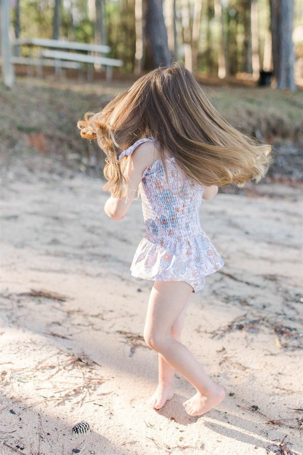 Girls Swimsuits - Blue & Tan Floral - 1 Pc Accordion