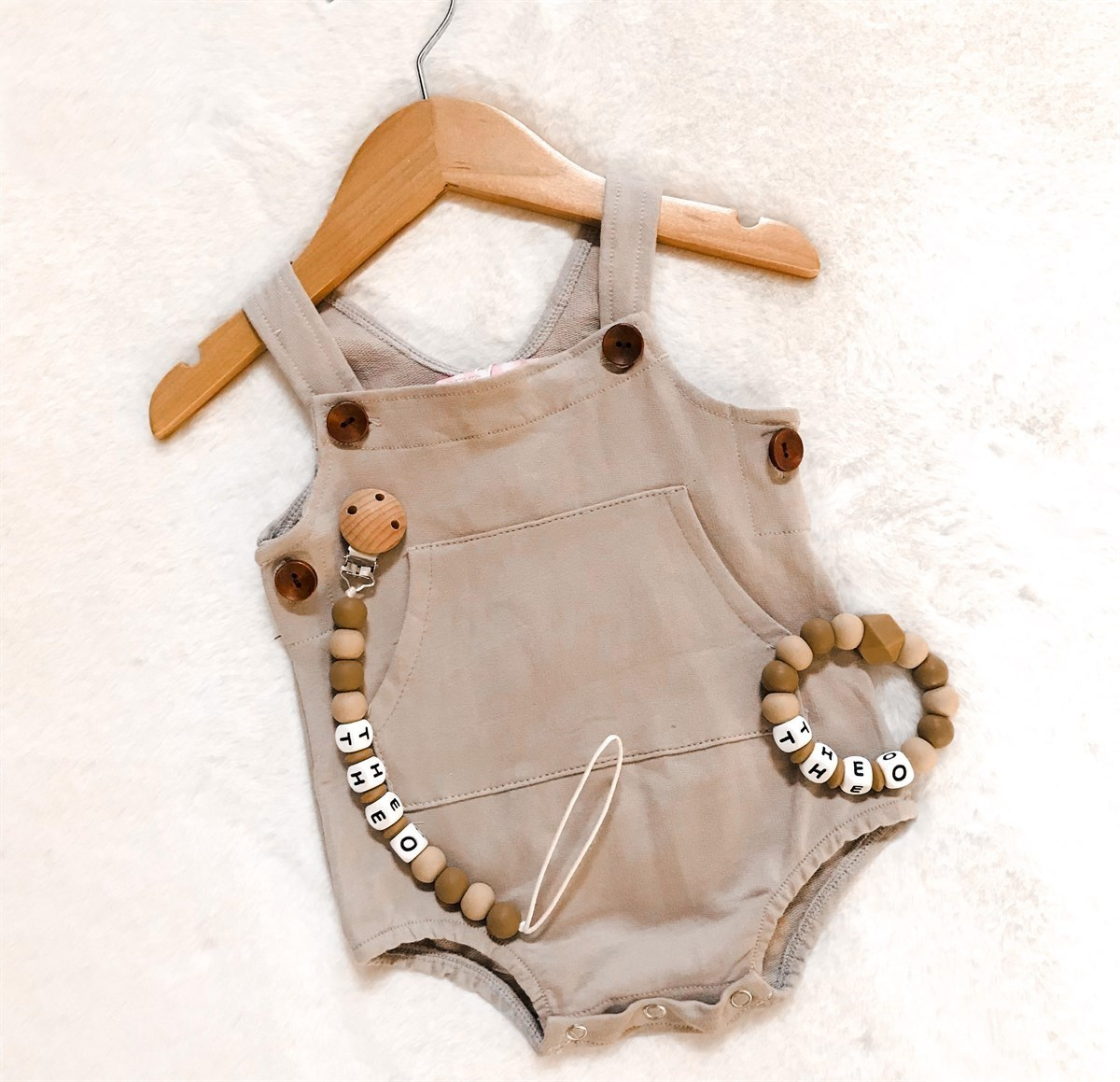 Pocket & Buttoned Unisex Seasonal Romper - Tan Button