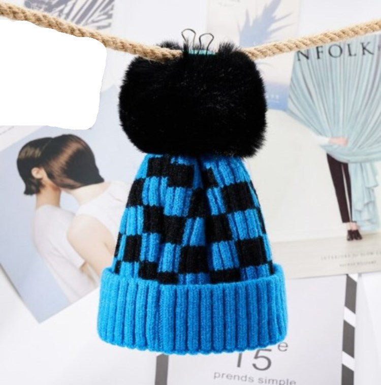 Kids Happy Face Beanies - Black Pom Blue Checkered