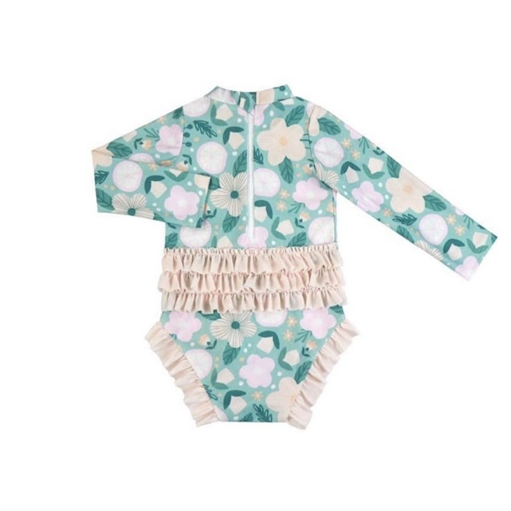 Girls Swimsuits - Mint Green Floral - 1 Pc Zip Ruffle Bum