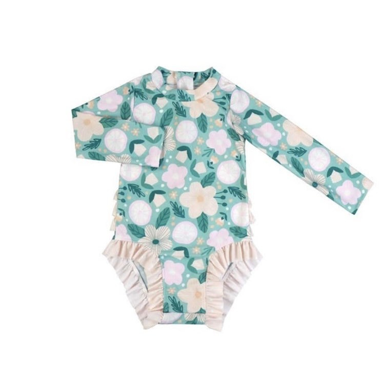 Girls Swimsuits - Mint Green Floral - 1 Pc Zip Ruffle Bum