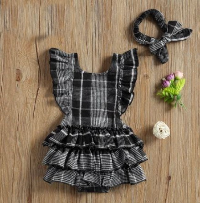 Girls Black Plaid Ruffle Romper