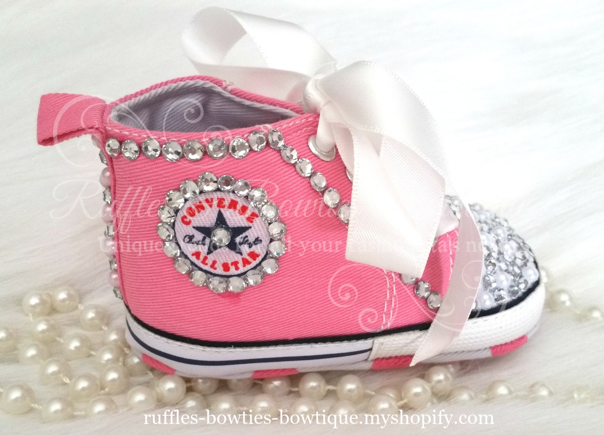Crystal & Pearl Baby Converse High Tops - Crystal Shoes - Pre Walker Shoes - Baby Girl Shoes - Wedding - Christening - Baptism - Baby - Hot Pink, - Ruffles & Bowties Bowtique