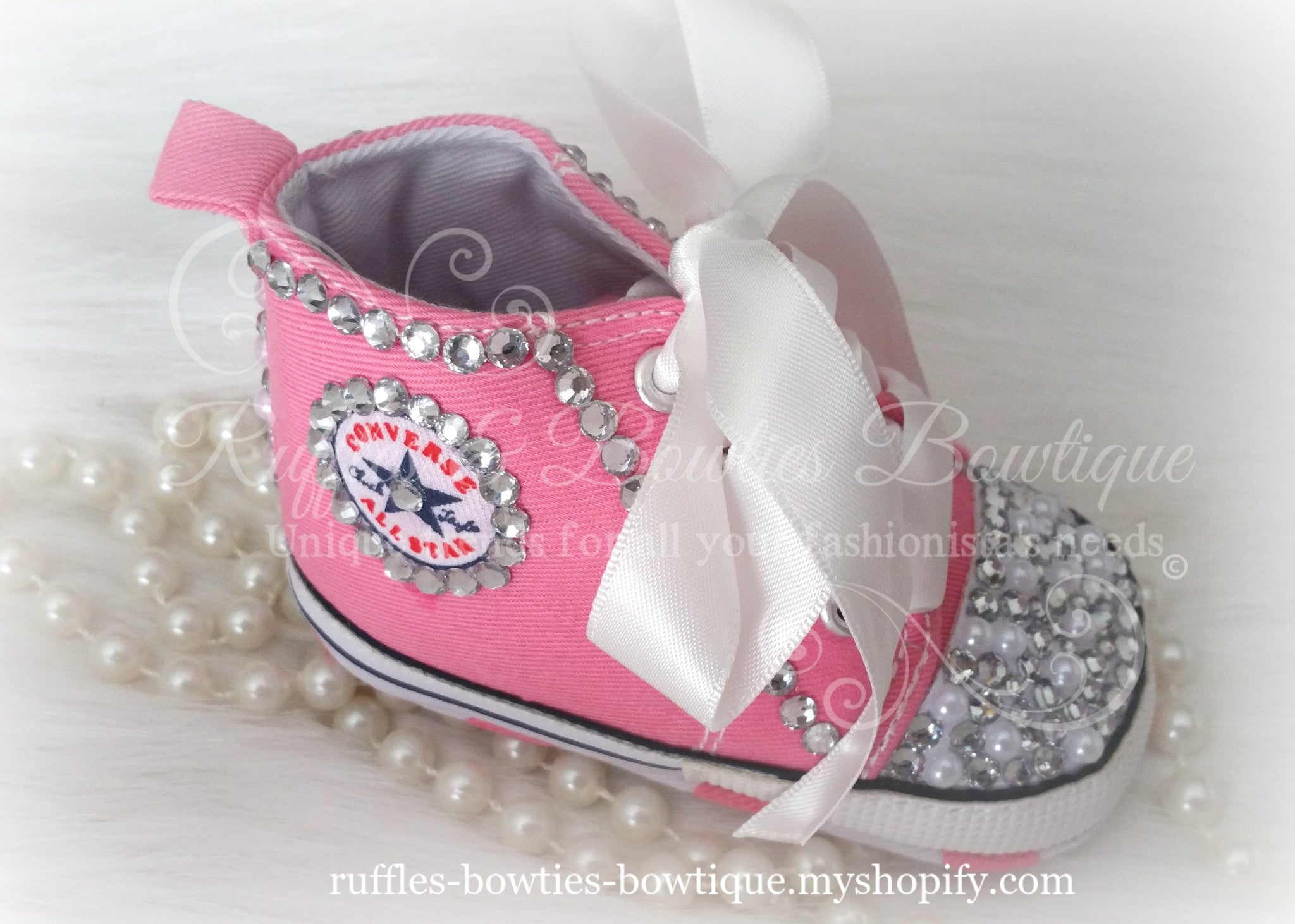 Crystal & Pearl Baby Converse High Tops - Crystal Shoes - Pre Walker Shoes - Baby Girl Shoes - Wedding - Christening - Baptism - Baby - Hot Pink, - Ruffles & Bowties Bowtique