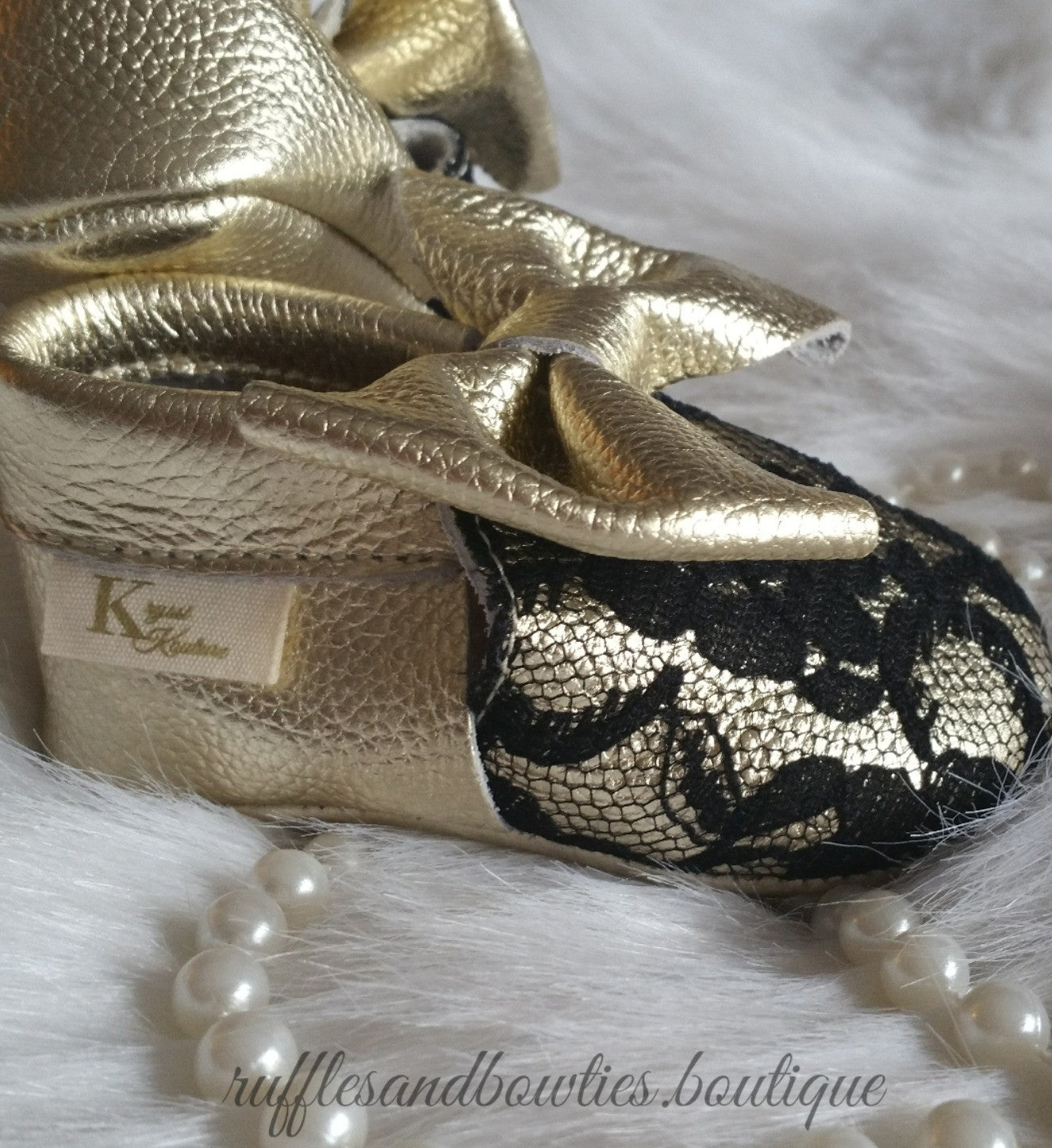 Baby Girl Lace leather Moccaisns - Gold with Black Lace Big Bow Leather Baby Moccasins - Baby Girl Moccasins - Bow Moccasins - Gold Bow Moccasins - Soft Shoes - Lace Moccasins - Ruffles & Bowties Bowtique - 1