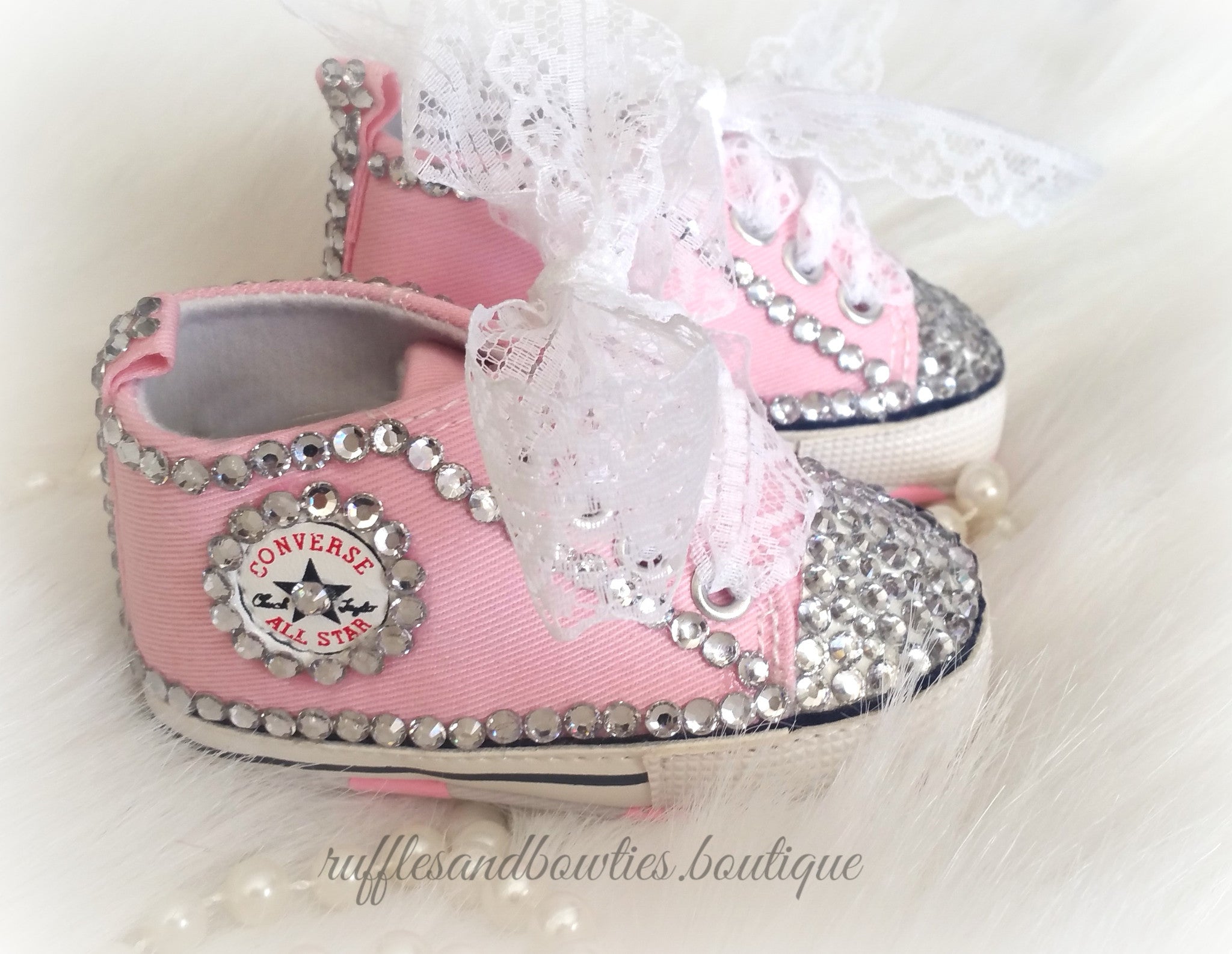 Baby Girl Crystal Converse Shoes - Pink High tops blinged out with Crystals and Lace for Ribbons