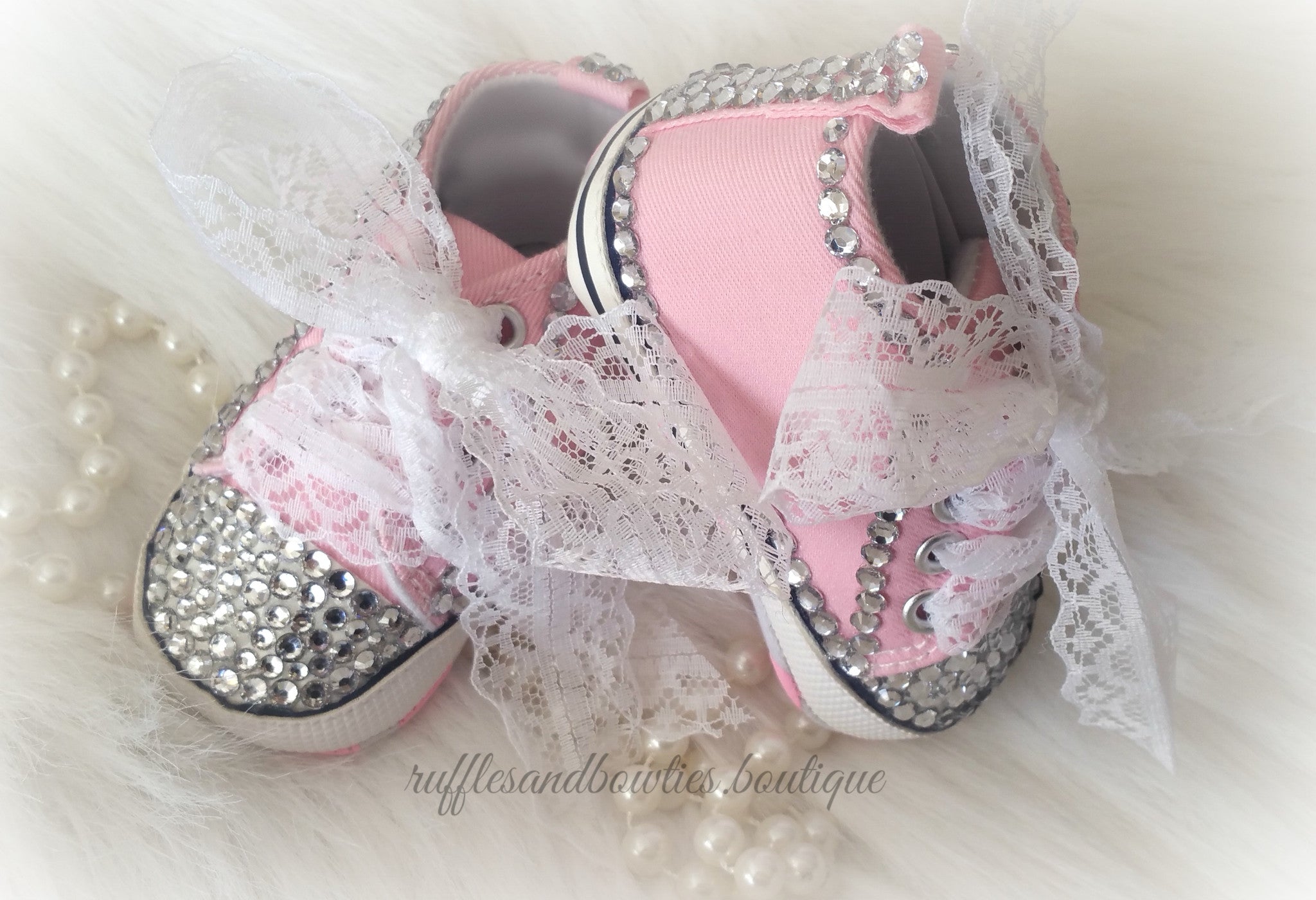 Baby Girl Crystal Converse Shoes - Pink High tops blinged out with Crystals and Lace for Ribbons