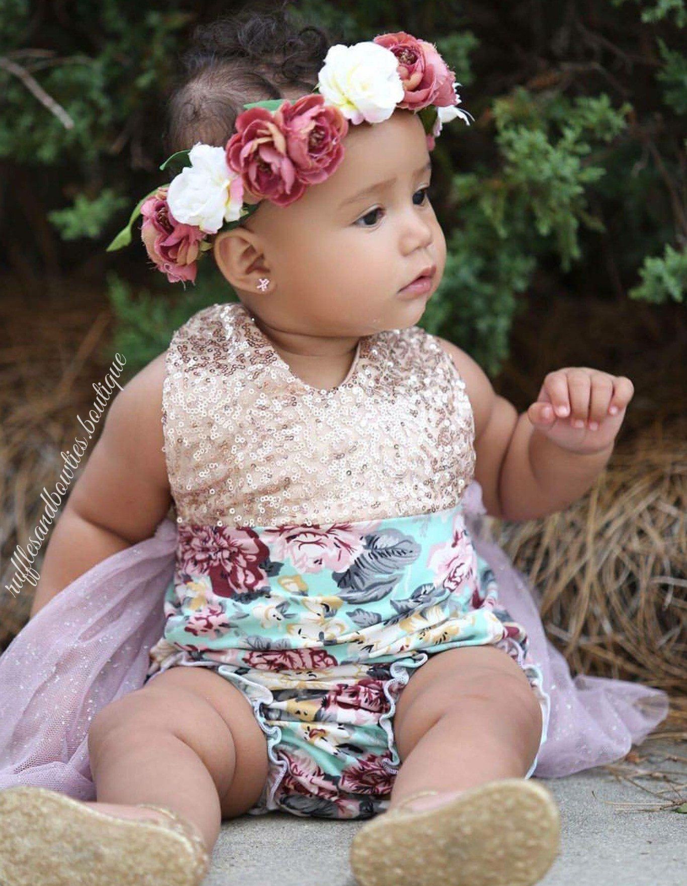 ***KRYSSI KOUTURE EXCLUSIVE*** Aqua, Dusty Mauve & Gold Sequin Floral Vintage Tutu Romper