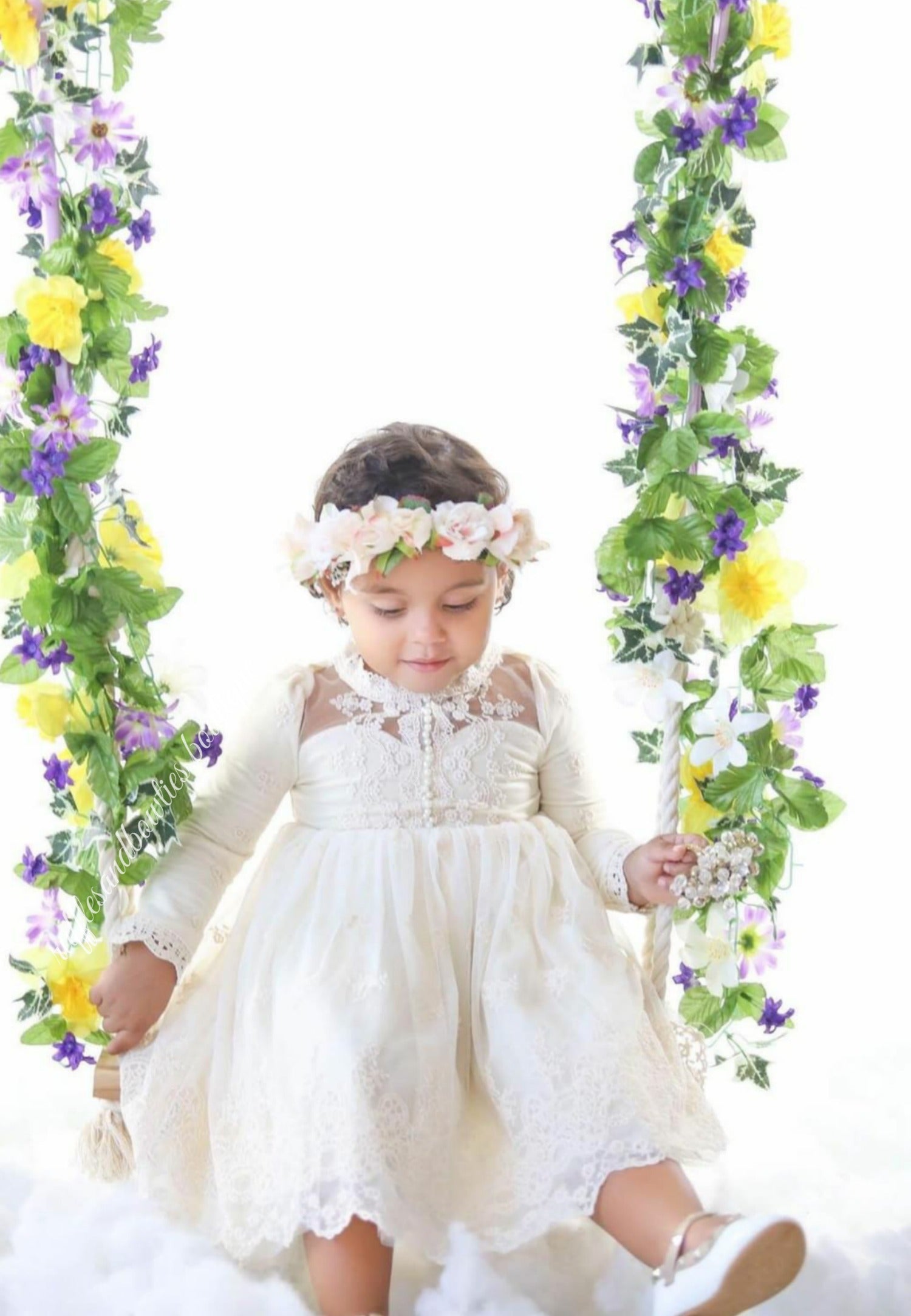 Kryssi Kouture Grace & Lace Girls Ivory Lace and Pearl Long Sleeve Tulle Dress