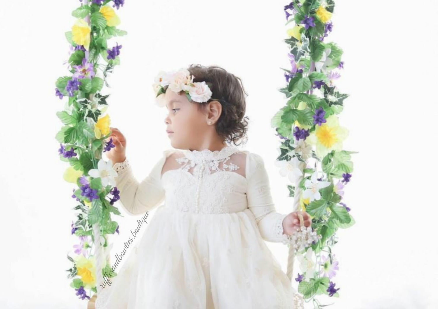 Kryssi Kouture Grace & Lace Girls Ivory Lace and Pearl Long Sleeve Tulle Dress