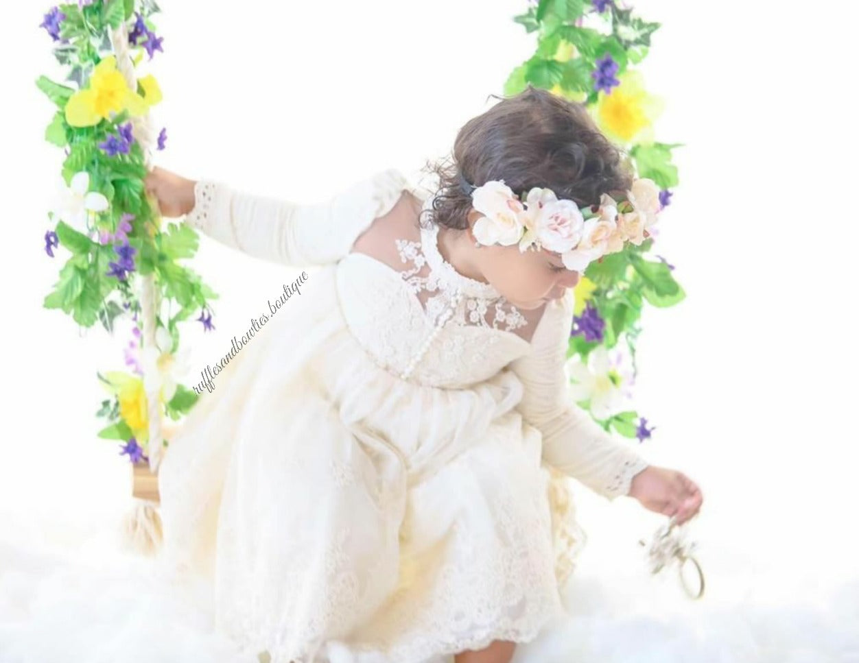 Kryssi Kouture Grace & Lace Girls Ivory Lace and Pearl Long Sleeve Tulle Dress