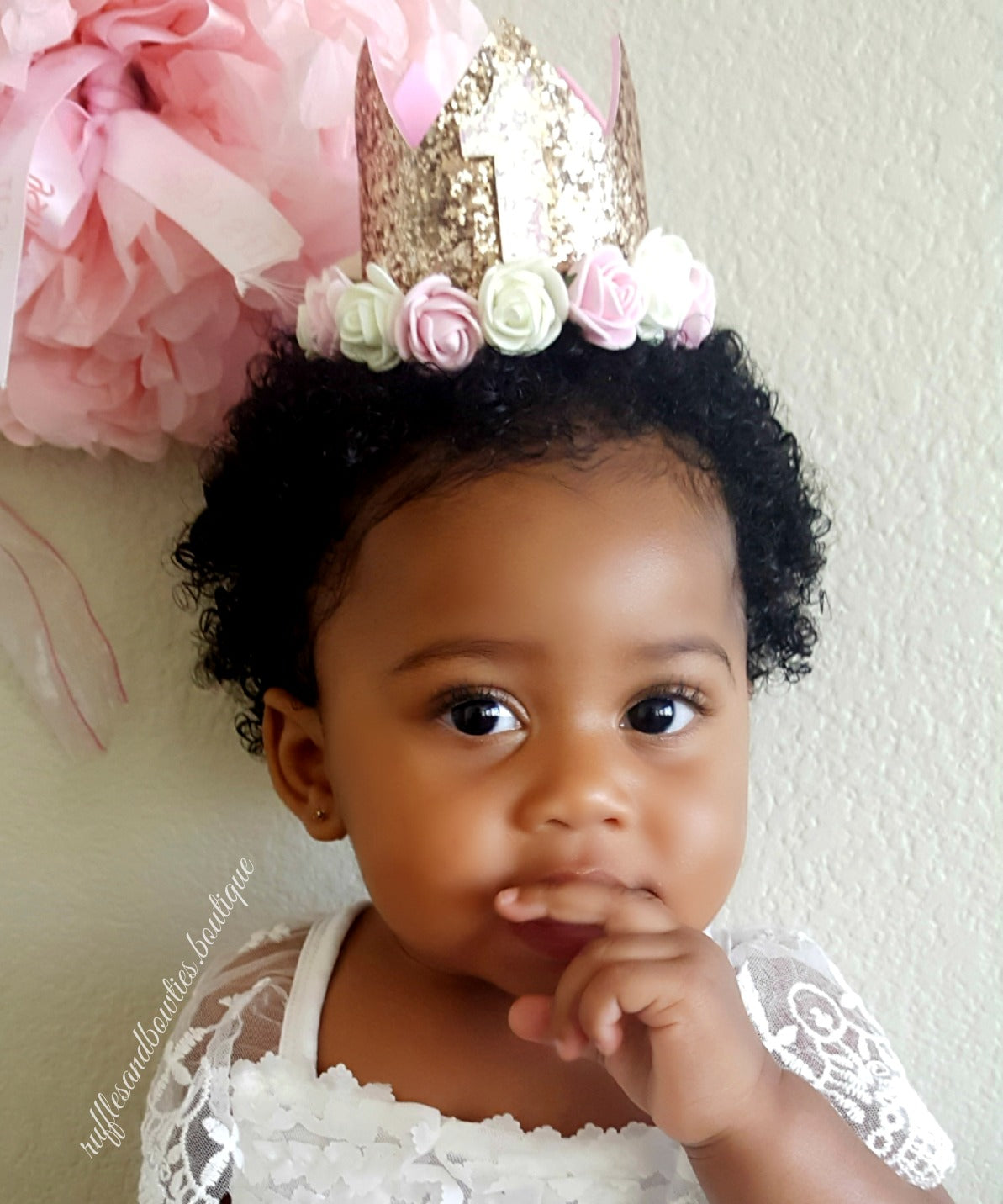 Pink and Gold Glitter First and Second Birthday Floral Princess Crown - One or Two