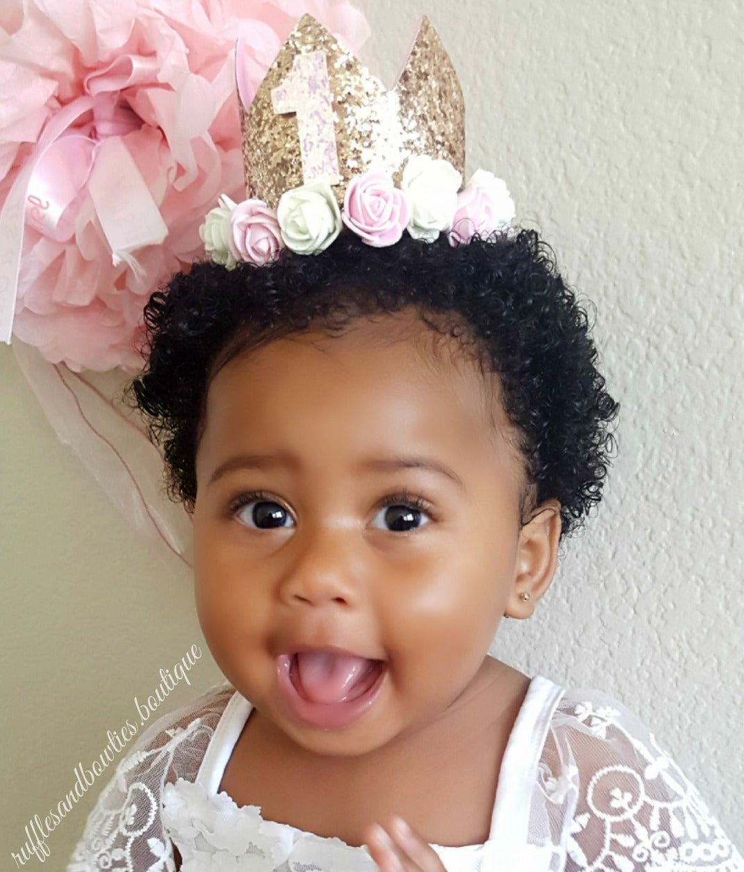 Pink and Gold Glitter First and Second Birthday Floral Princess Crown - One or Two