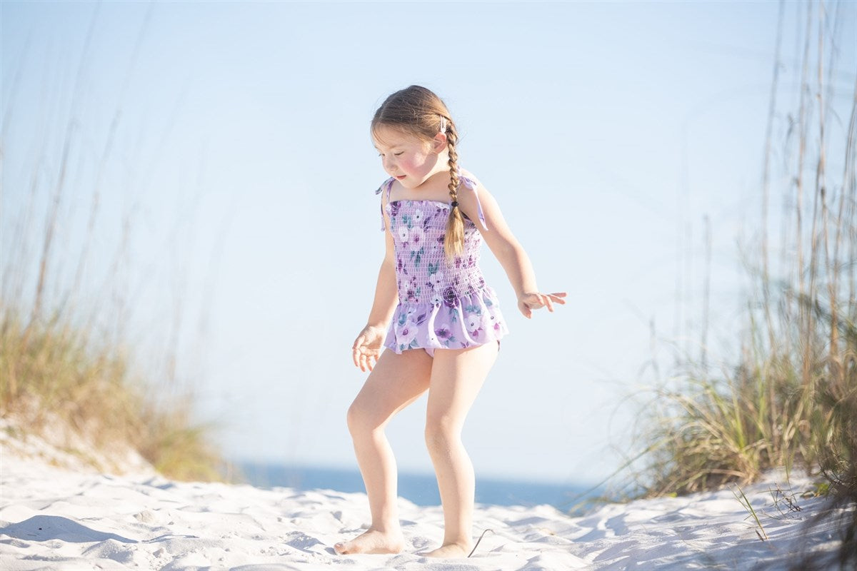 Girls Swimsuits - Purple Peony - 1 Pc Accordion