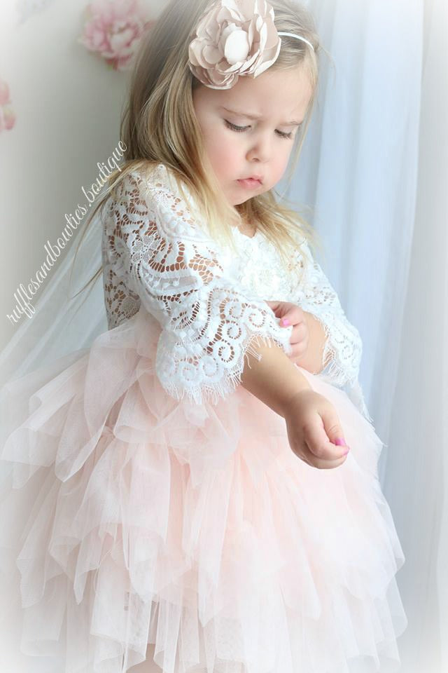 Veronica Soft White Eyelash 3/4 Sleeve Lace with a Peach Short Tutu Skirt - Princess Dress