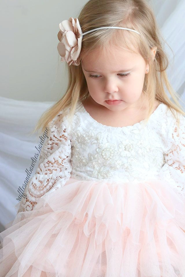 Veronica Soft White Eyelash 3/4 Sleeve Lace with a Peach Short Tutu Skirt - Princess Dress