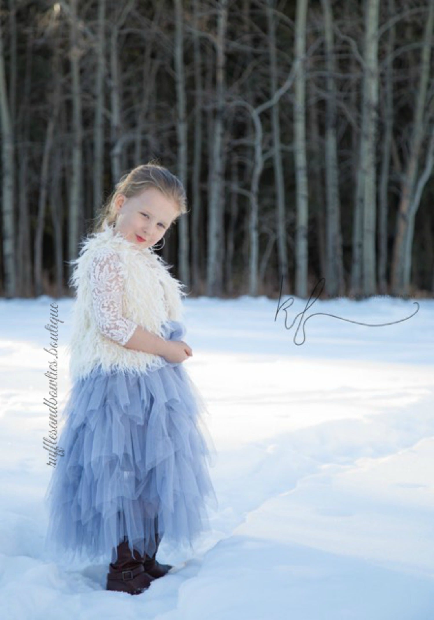 Veronica Soft White Eyelash Long Sleeve Lace with a Country Blue Long Tutu Skirt