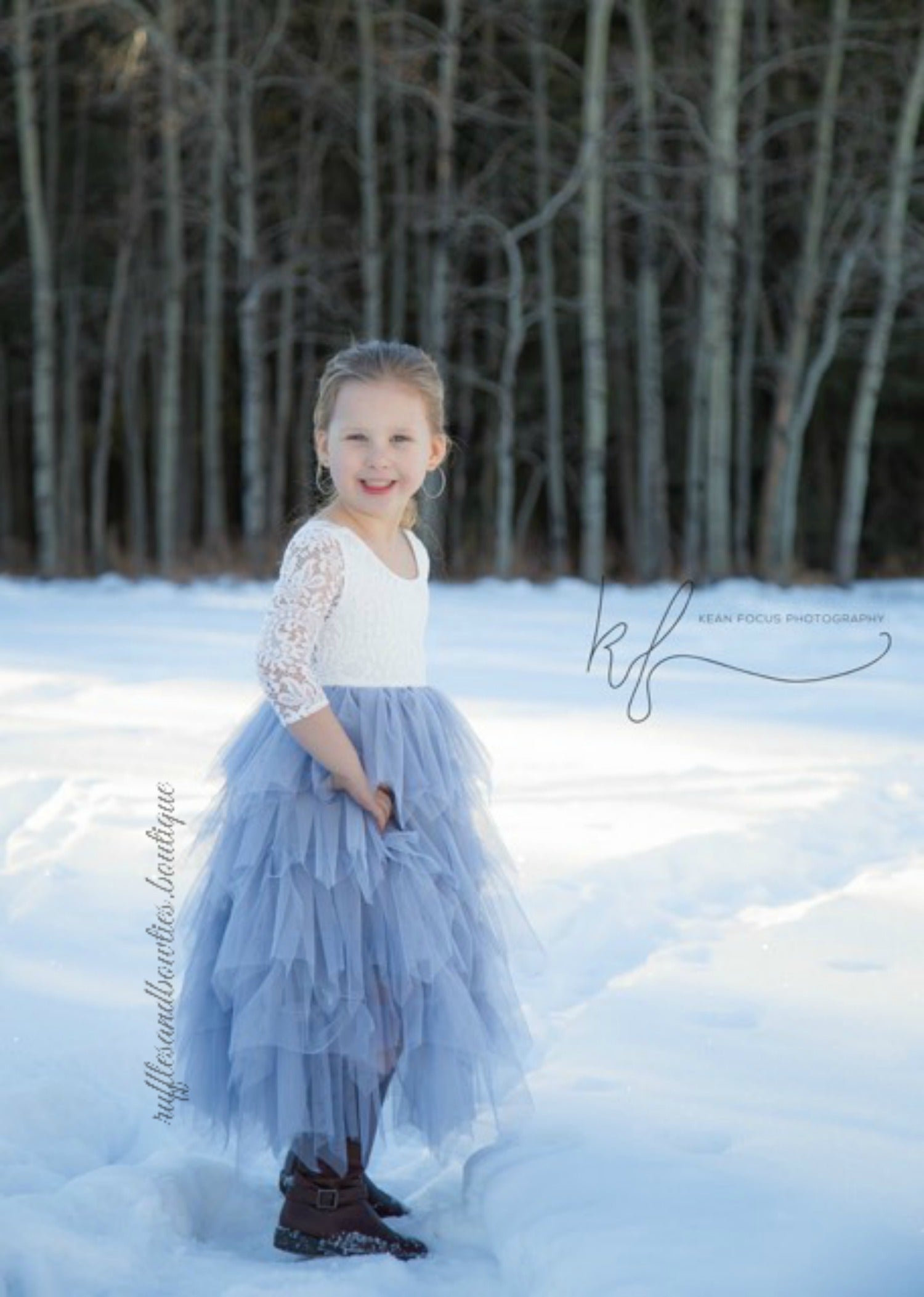 Veronica Soft White Eyelash Long Sleeve Lace with a Country Blue Long Tutu Skirt