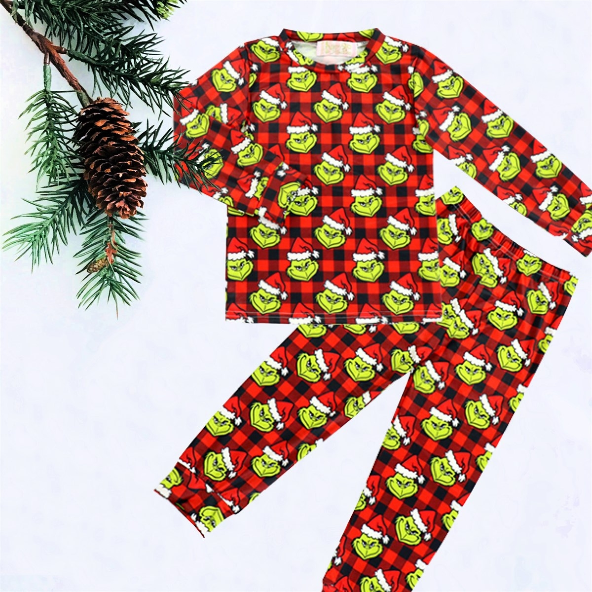 2 Pc Kids Christmas Grinch Buffalo Plaid PJs