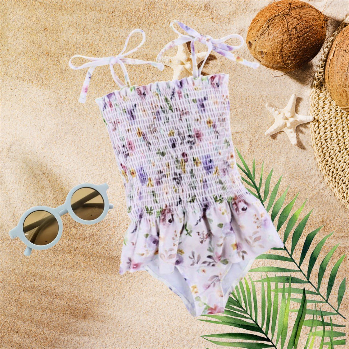 Girls Swimsuits - Tan Colorful Floral - 1 Pc Accordion