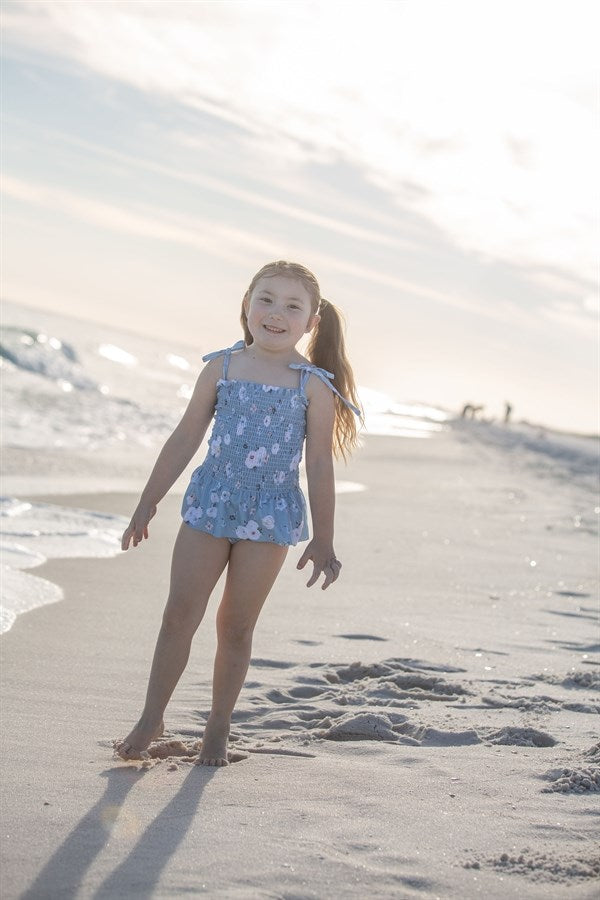 Girls Swimsuits - Country Blue Floral - 1 Pc Accordion