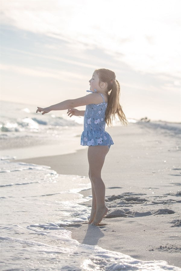 Girls Swimsuits - Country Blue Floral - 1 Pc Accordion